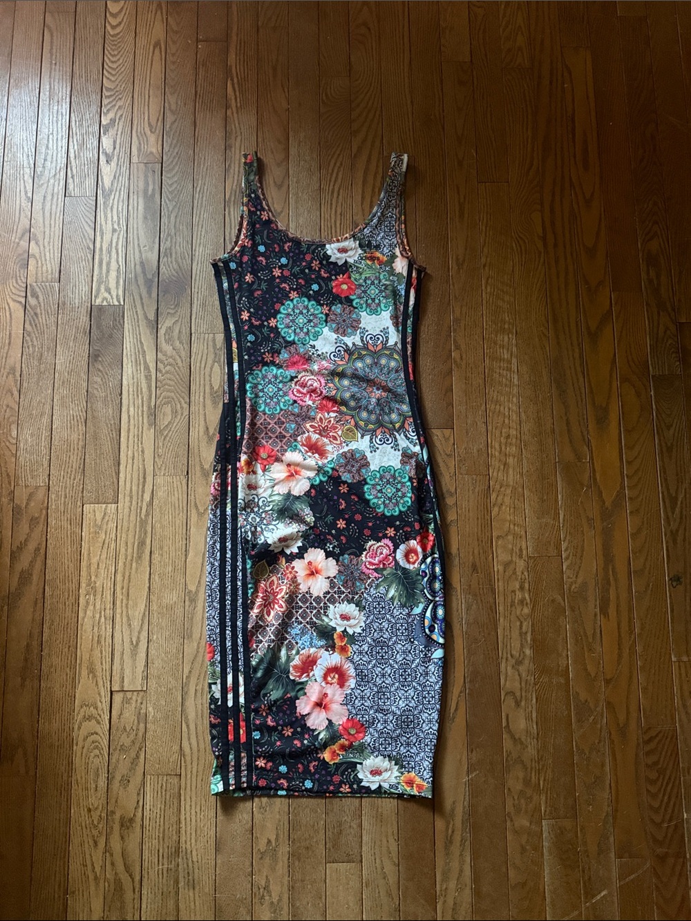 Adidas Floral Print Bodycon Dress - Black with Multicolor Bloom
